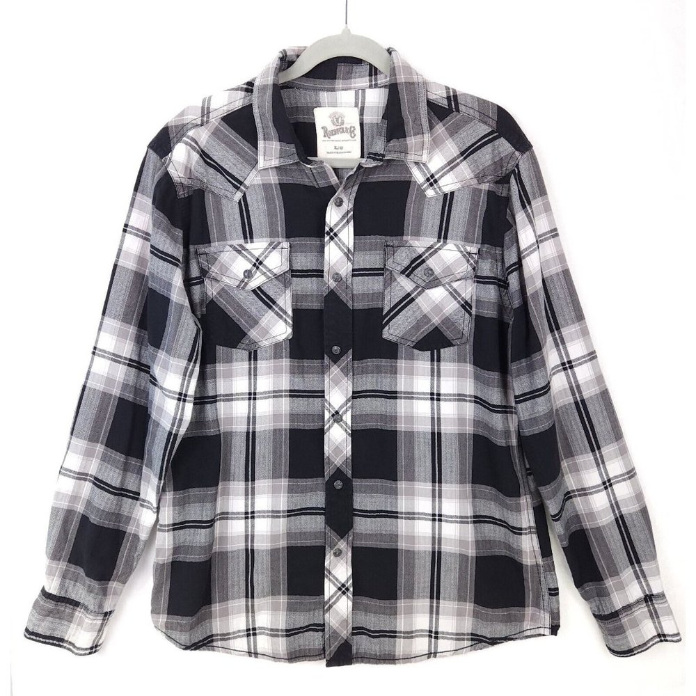 Roebuck & Co‎ Mens Black/White Plaid Shirt Sz L Snap Buttons Western Long Sleeve